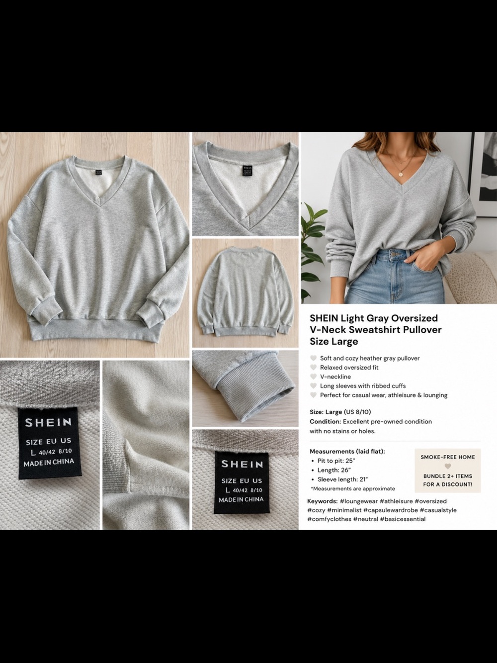 SHEIN Heather Gray Cozy V-Neck Sweater